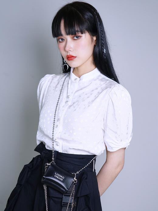 fragileheart原创玫瑰刺绣小高领法式泡泡袖蝴蝶结白衬衫春季上衣 商品图0