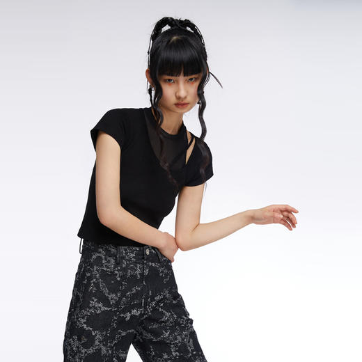 HOLONOMIC 原创网纱拼接镂空修身设计感小众短袖T恤 商品图1