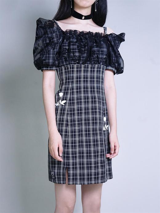 fragileheart黑色拼接裙子泡泡袖格子连衣裙女2021新款春方领短裙 商品图2