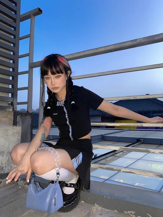 MATEMATE原创设计制服纯欲甜酷蓝黑格子拼接百褶裙套装 商品图3