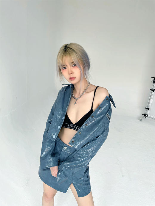 MATEMATE原创雾霾蓝鳄鱼纹甜酷套装皮外套&开衩半身裙 商品图1