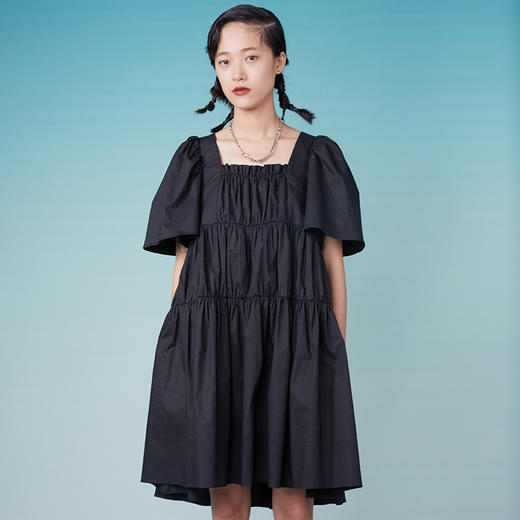 HOLONOMIC 原创褶皱系带少女设计感黑色方领泡泡袖连衣裙 商品图0