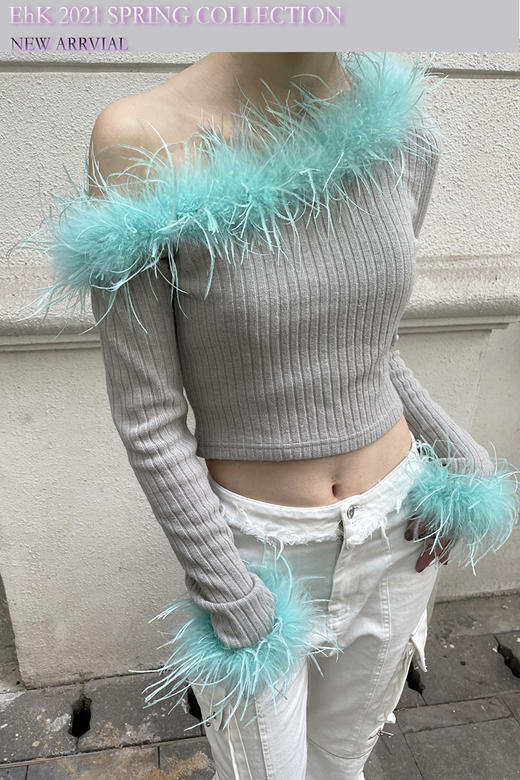 EhK 约会满分 桃色高级灰真毛针织长袖毛衣上衣短款 2021春款 商品图1