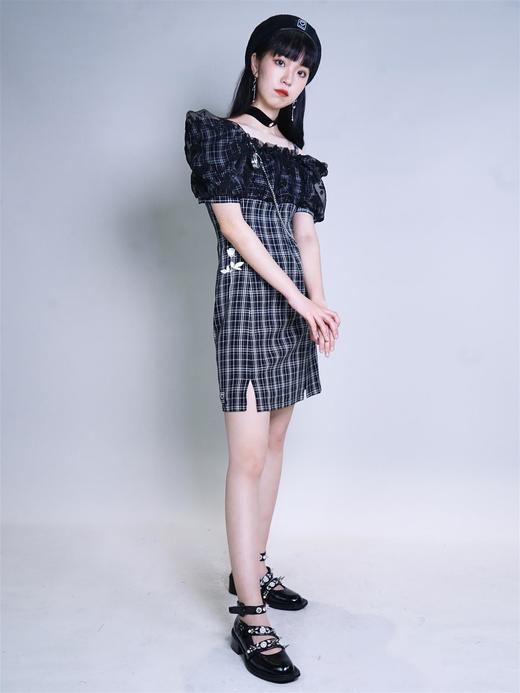 fragileheart黑色拼接裙子泡泡袖格子连衣裙女2021新款春方领短裙 商品图1