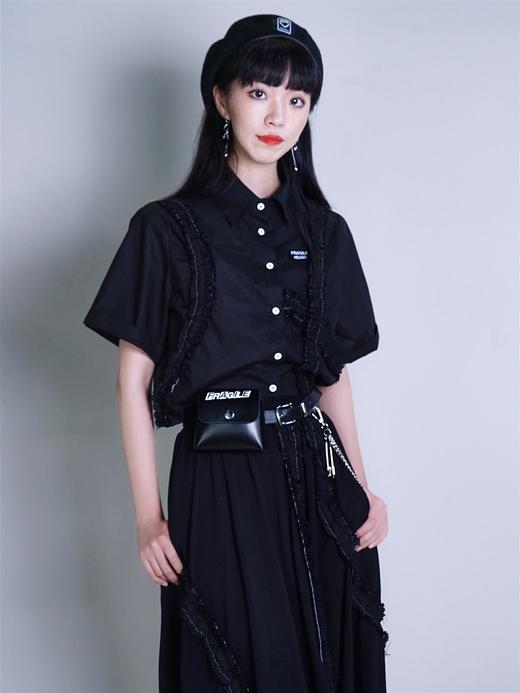 fragileheart黑白短袖衬衫女设计感小众学院风春季薄款宽松上衣 商品图0