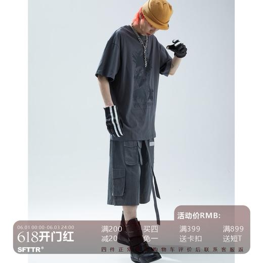 SFTTR 2021SS大廓形洗水做旧斜纹灰色宽松五分男女复古多口袋短裤 商品图0