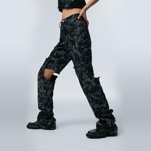 HOLONOMIC 原创可拆卸五分裤提花设计感小众印花修身直筒牛仔裤 商品图1