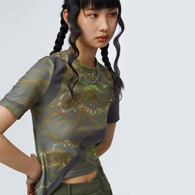 HOLONOMIC「第八大陆」原创设计感小众修身不规则镂空印花短袖T恤