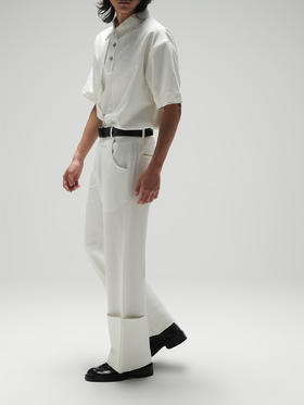 TERRAINCOGNITA21SS全白刺绣双层裤脚休闲裤金属立体标直筒西裤