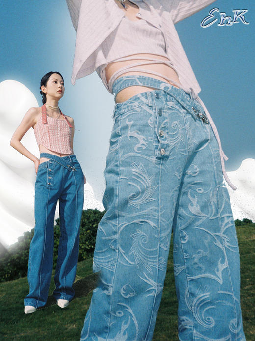 EhK 必入款 飞机扣设计感斜挎腰间牛仔裤阔腿裤 双色 商品图0