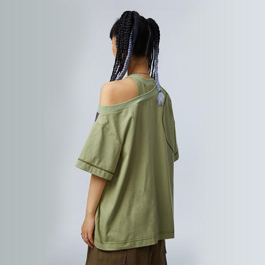 HOLONOMIC 原创宽松设计感小众印花短袖T恤斜肩露肩上衣 商品图3