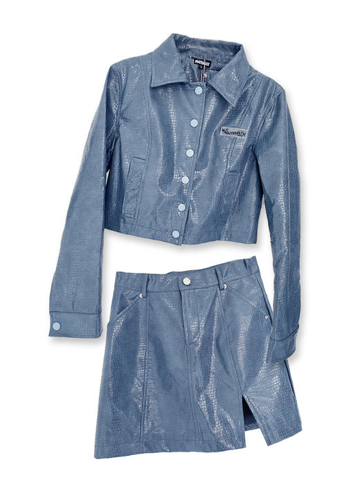 MATEMATE原创雾霾蓝鳄鱼纹甜酷套装皮外套&开衩半身裙 商品图4