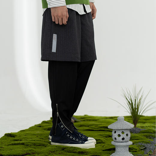 WHISTLEHUNTER 潮牌复古立体拼接假两件条纹西裤 休闲拉链锥形裤 商品图4