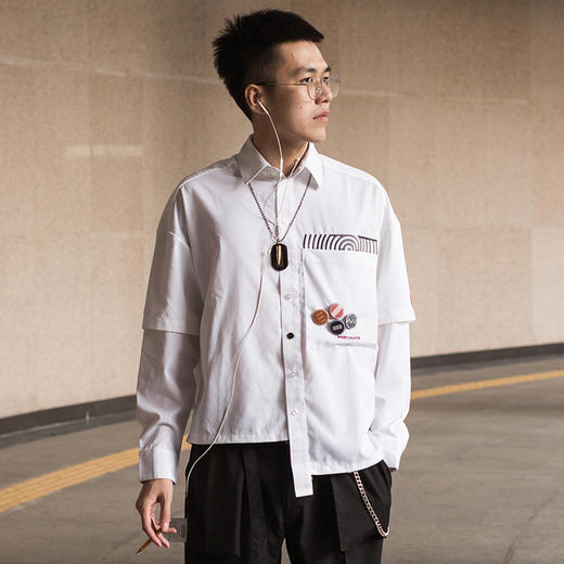 WHISTLEHUNTER秋冬男女潮牌解构拼接刺绣落肩宽松白衬衫OVERSIZE 商品图1