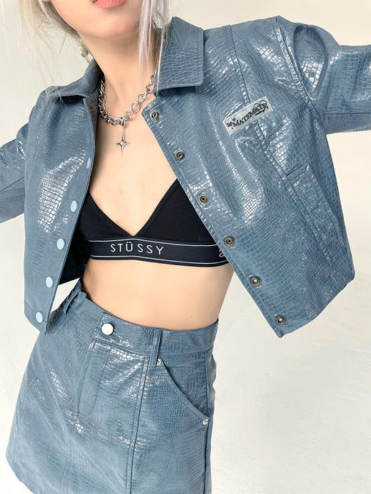 MATEMATE原创雾霾蓝鳄鱼纹甜酷套装皮外套&开衩半身裙 商品图2