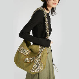 HOLONOMIC 原创设计豹纹蕾丝拼接牛仔斜挎单肩包