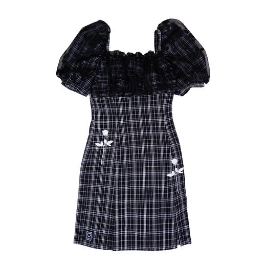 fragileheart黑色拼接裙子泡泡袖格子连衣裙女2021新款春方领短裙 商品图3