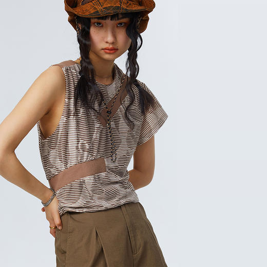 HOLONOMIC 原创宽松提花设计感小众拼接印花不规则T恤上衣 商品图0