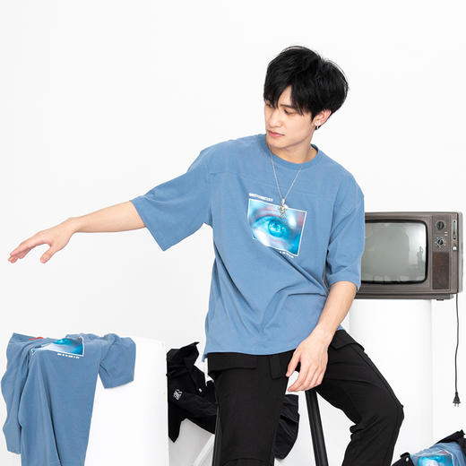 WHISTLEHUNTER宽松原创潮牌复古印花开叉半袖圆领T恤 oversize 商品图2