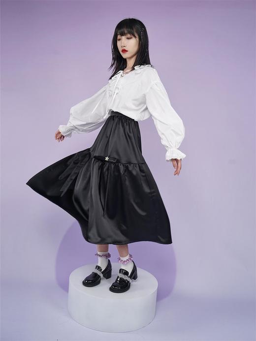 fragileheart易碎商店黑色缎面中长款公主裙半身裙米色花苞裙女 商品图1