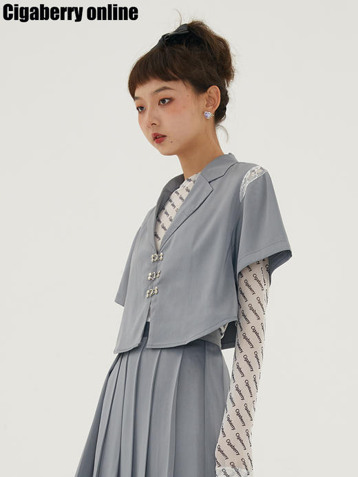 Cigaberry高级灰色缎面拼蕾丝短款西装领衬衫百搭Y2K风格甜酷少女 商品图2