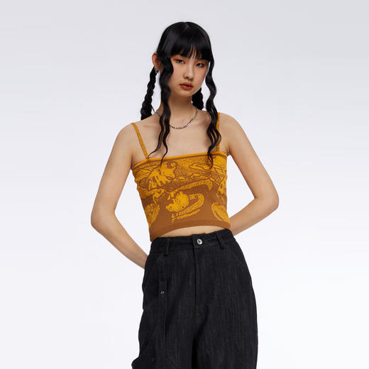 HOLONOMIC 原创冰丝麻针织修身短款印花设计感小众外穿吊带背心 商品图1