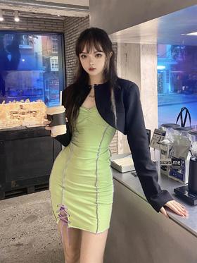 MATEMATE原创纯欲风拼色绑带吊带夏天紧身短裙