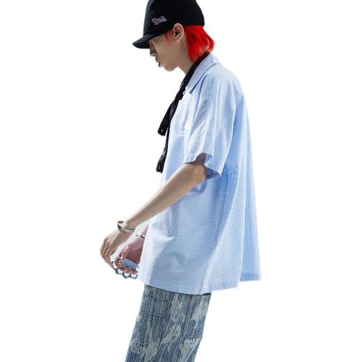 SFTTR 2021SS 泡泡纱廓形休闲蓝白条纹造型男女宽松短袖衬衫 商品图3