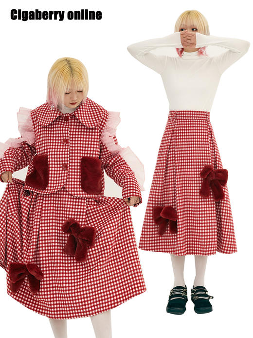 冬季圣诞节春节复古紅色格子毛呢松紧半裙 立体毛绒蝴蝶结可拆卸 商品图0