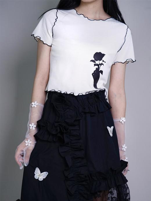 fragileheart修身短袖白t恤 玫瑰印花BM风针织百搭薄款内搭上衣潮 商品图2