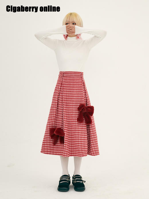 冬季圣诞节春节复古紅色格子毛呢松紧半裙 立体毛绒蝴蝶结可拆卸 商品图1