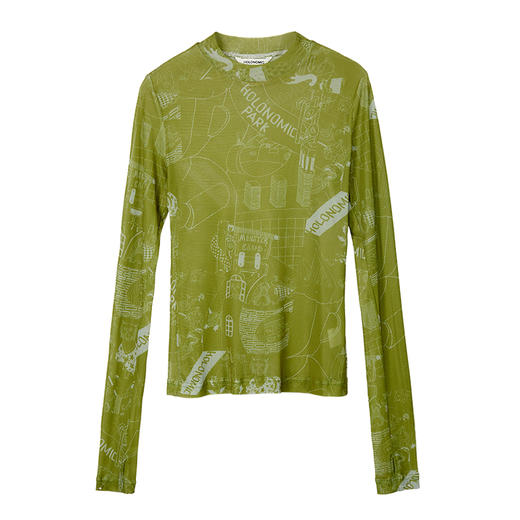 HOLONOMIC 原创设计印花网纱弹力修身长袖打底衫 商品图4