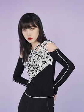 fragileheart易碎商店人见人爱的打底衫拼接露肩T恤修身上衣美女