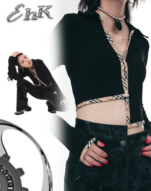 EhK 早秋黑色 复古拼色针织长袖 商品图0