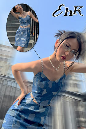 EhK 牛仔女孩 奶牛纹 可拆卸两穿链条牛仔 出游连衣裙2021新款夏