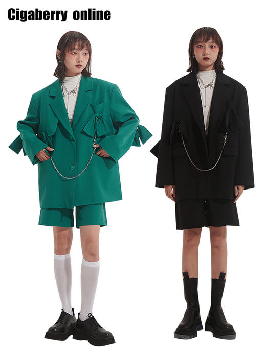 原创设计 少女蝴蝶结墨绿西装黑色套装早秋时髦150小个子女生外套 商品图0