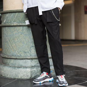 WHISTLEHUNTER青少年潮流结构剪裁撕边链条拼接口袋混纺黑色长裤