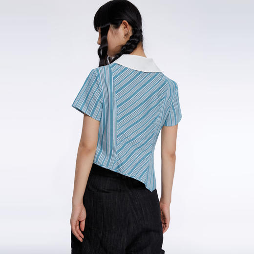 HOLONOMIC 原创不规则短款设计感小众条纹翻领衬衫 商品图2