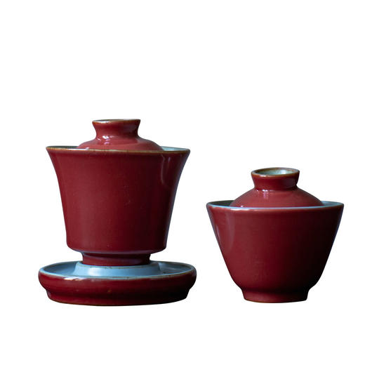 茶香记 火山灰釉亲子盖碗套组 红色  马蹄形  明艳端庄 拙朴古雅 商品图4