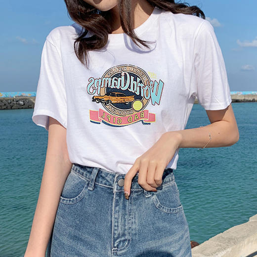 夏季印花白色t恤 女短袖学生宽松简约ins潮上衣 商品图2