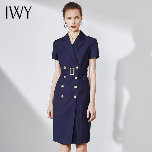 IWY/藏青色时尚连衣裙简约时尚优雅气质双排扣职业工装收腰显瘦OL
NQ569 商品图0