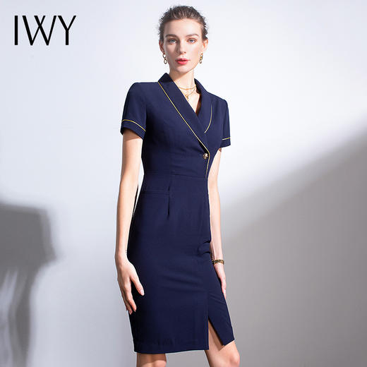 IWY/藏青色职业连衣裙滚边设计优雅知性收腰修身空姐商务正装西装
Q587 商品图1