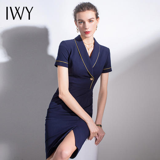 IWY/藏青色职业连衣裙滚边设计优雅知性收腰修身空姐商务正装西装
Q587 商品图2