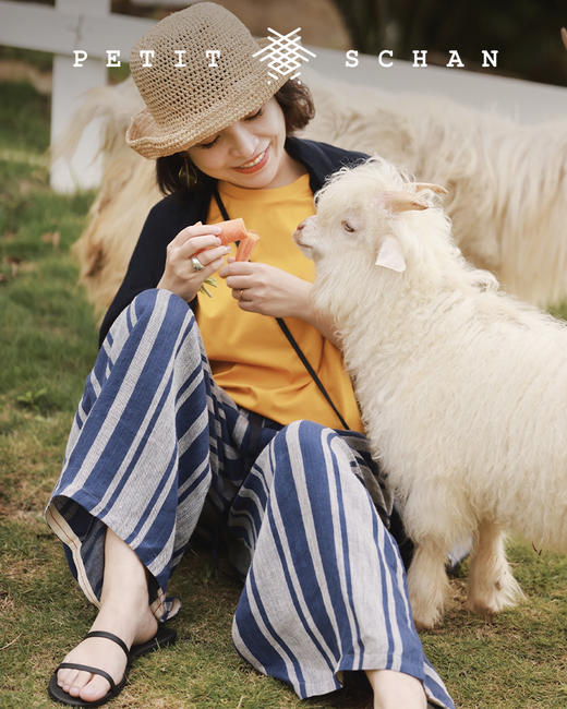 PETIT SCHAN小闪 CLO 029 Blue stone 蓝色矿石 日本进口纯亚麻条纹阔腿裤 商品图0