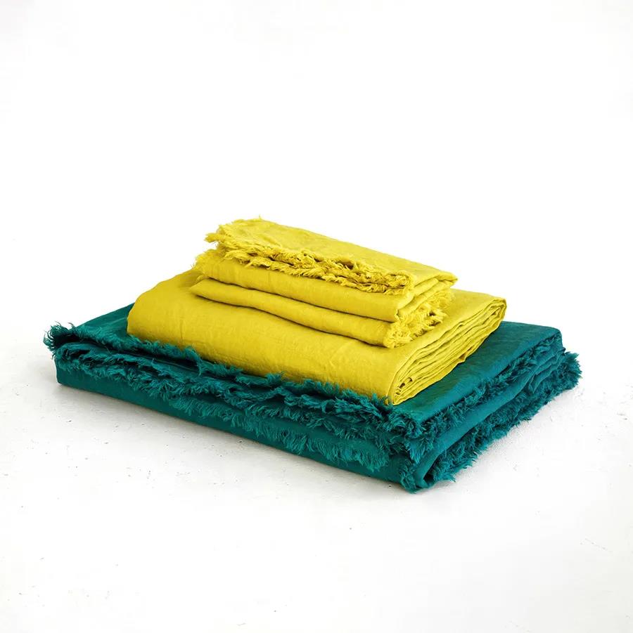 伽罗 JALO 14支彩色亚麻长方形大靠枕套(橄榄黄和孔雀绿)