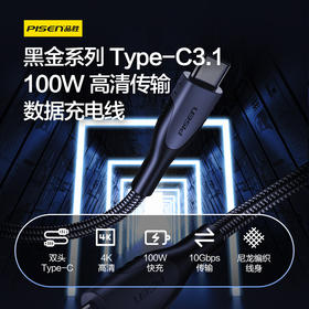 品胜 黑金系列Type-C3.1 60W/100W 双C口高清传输数据线充电线 笔记本电脑充电线