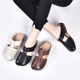 SY-真皮半拖鞋女夏季外穿2021年新款妈妈凉拖鞋软底舒适软皮拖鞋