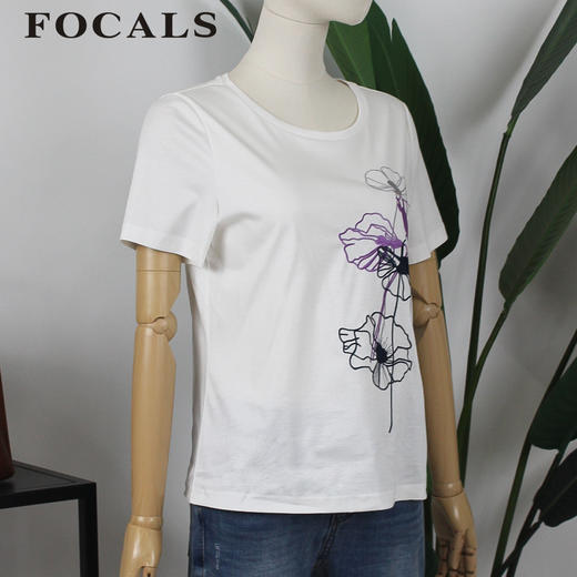 FOCALS女装夏季新款短袖圆领纯棉白色秀花T恤上衣YJ2N127WZ 商品图1