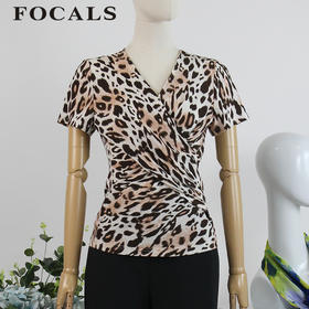FOCALS女装夏季新款短袖V领气质修身豹纹T恤上衣20BN068KL