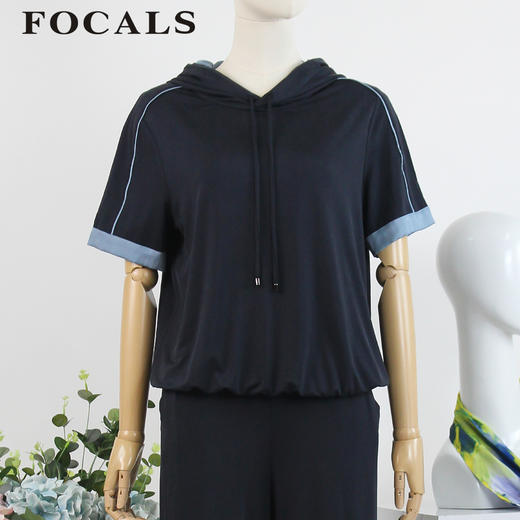 FOCALS女装夏季新款短袖休闲简约运动风连帽T恤上衣FRG2N181B7 商品图0